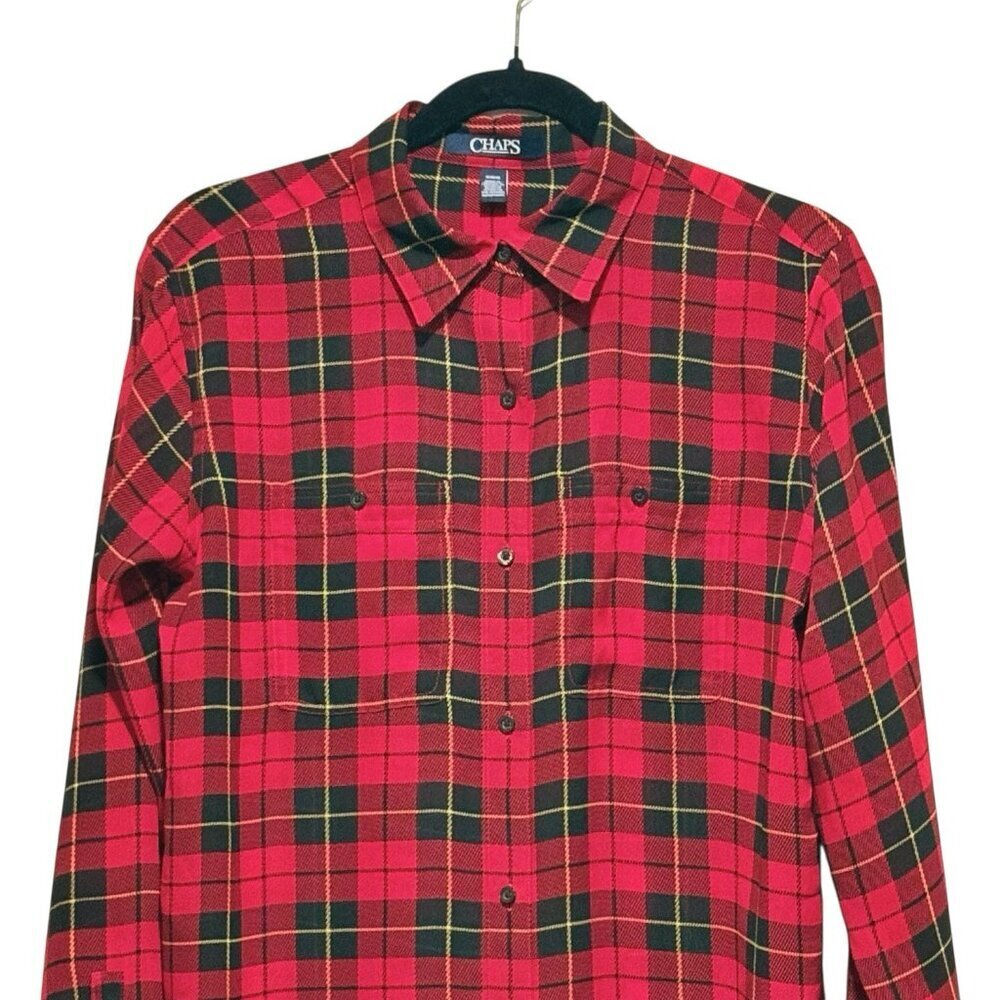 Chaps Sheer Red Plaid Button Down Womens Holiday Christmas Top Blouse Sz Medium - Picture 3 of 8
